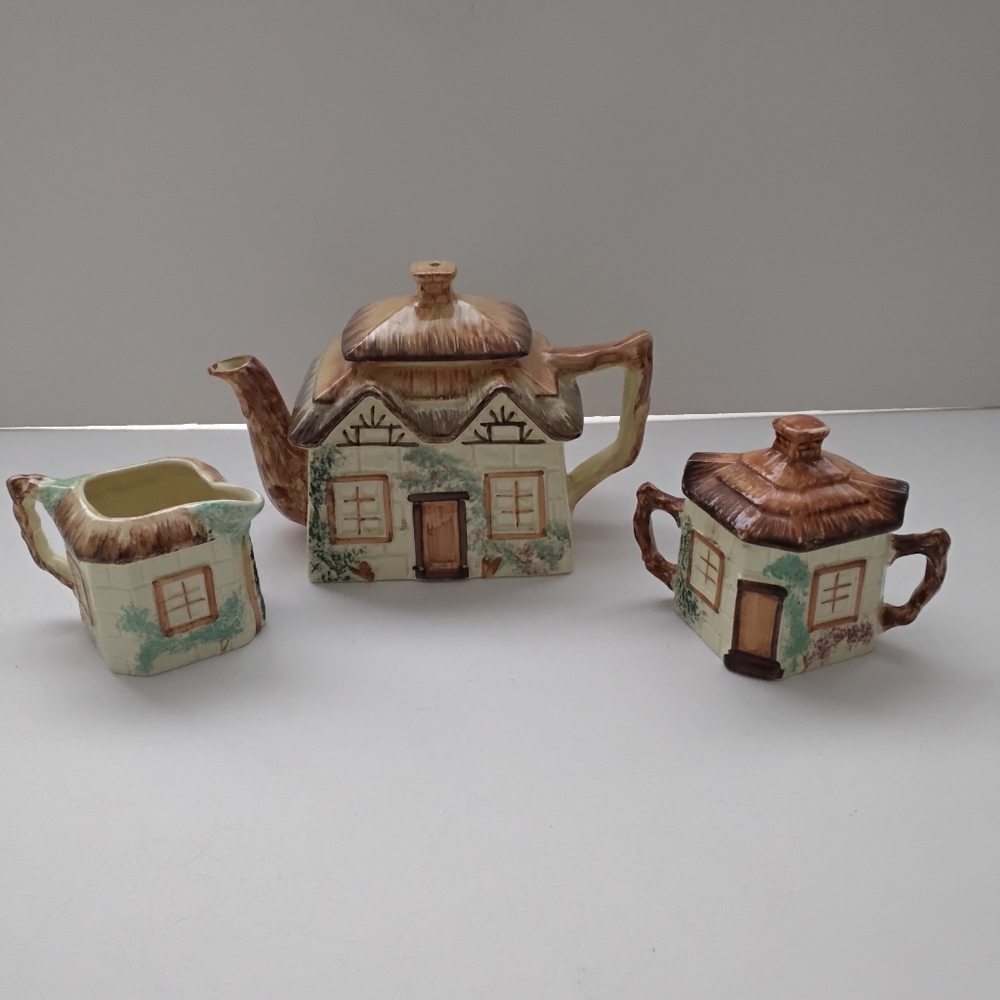 Vintage Keele St. Pottery Cottage Teapot, Sugar Bowl & Creamer Set